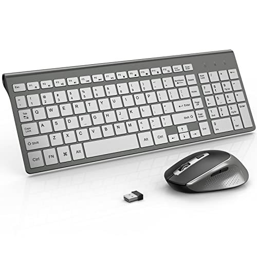 Wireless Keyboard and Mouse, J JOYACCESS Slim and Ergonomic Wireless Keyboard and Mouse Combo,Portable and Comfortable Typing for Laptop/Computer/Desktop/PC-Grey/Silver