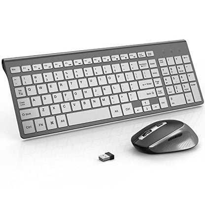 Wireless Keyboard and Mouse, J JOYACCESS Slim and Ergonomic Wireless Keyboard and Mouse Combo,Portable and Comfortable Typing for Laptop/Computer/Desktop/PC-Grey/Silver
