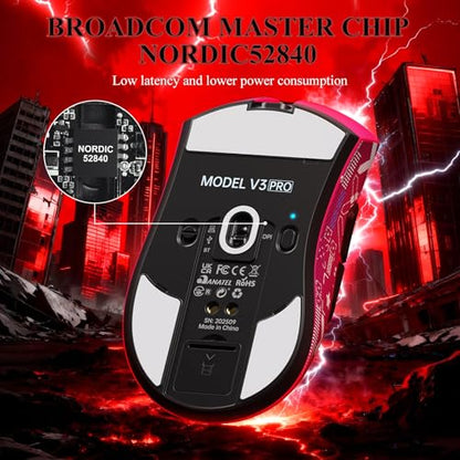 MAMBASNAKE Attack Shark V3 PRO 62g Superlight Wireless Gaming Mouse,RGB Charging Dock,BK52820 Tri-Mode BT/2.4G Wireless/Wired Mouse with Grip Tape,25000DPI,5 Programmable Buttons for Pc/Mac,Red PRO - color: Berry Red&Stickers