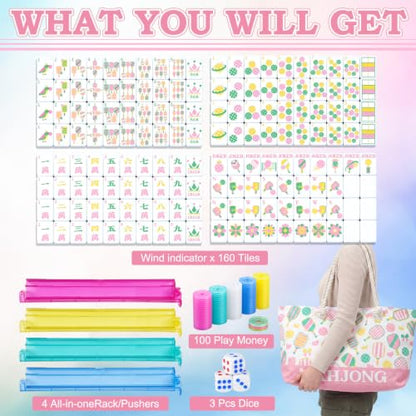 Ceenna American Mahjong Set Complete 160 Pcs Tile/Pushers/Carrying Bag/dice/Chips, 1.2 Inch Green Back Melamine Mahjong Tiles, Hand Carved Pattern for Adult Mah Jong, Beginners (Simple) - style: Minimalist