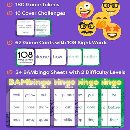 THE BAMBINO TREE Sight Word Bingo Game Level 3 & 4 - Learn to Read Vocabulary for 1st 2nd 3rd Grade Kids - Dolch's Fry's Site Words Reading Game