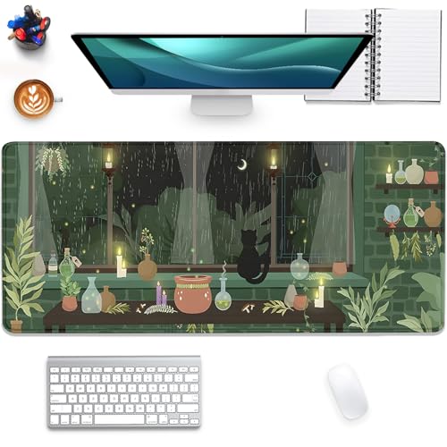Black Cat Mouse Pad Green Plants Desk Mat Pad Anime Large Gaming Cartoon Cute Mouse Pad,Stitched Edges Non-Slip Waterproof Rubber Base Mous Mat for Office Home Work Gaming(27.5X11.8 in) - color: Candlelight Windowsill-cat