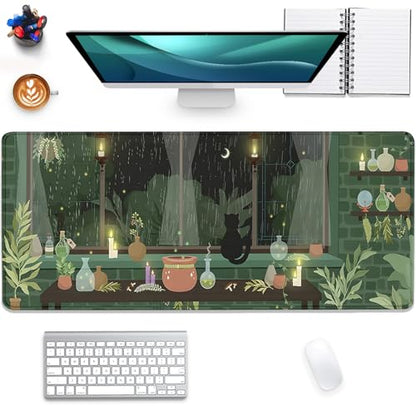 Black Cat Mouse Pad Green Plants Desk Mat Pad Anime Large Gaming Cartoon Cute Mouse Pad,Stitched Edges Non-Slip Waterproof Rubber Base Mous Mat for Office Home Work Gaming(27.5X11.8 in) - color: Candlelight Windowsill-cat