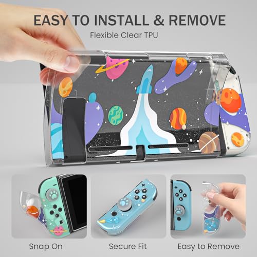 Clear Case for Nintendo Switch 2017, Screen Protector, Thumb Grips, Rocket | Nintendo Switch 2017 case with soft TPU shell, 2 thumb grips and clear glitter design for everyday scratch protection - color: Rocket