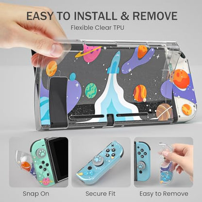 Clear Case for Nintendo Switch 2017, Screen Protector, Thumb Grips, Rocket | Nintendo Switch 2017 case with soft TPU shell, 2 thumb grips and clear glitter design for everyday scratch protection - color: Rocket