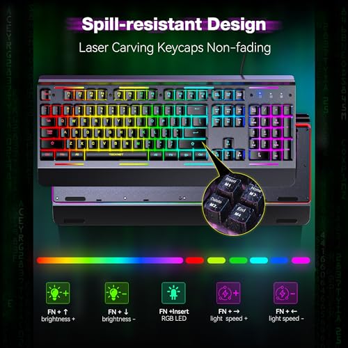 TECKNET Wired Gaming Keyboard, Whisper Quiet Switches,15-Zone RGB Illumination, IP32 Water Resistance, Silent Keyboard Quiet Typing, USB-A Wired Keyboard for Office/Gaming