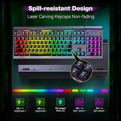 TECKNET Wired Gaming Keyboard, Whisper Quiet Switches,15-Zone RGB Illumination, IP32 Water Resistance, Silent Keyboard Quiet Typing, USB-A Wired Keyboard for Office/Gaming