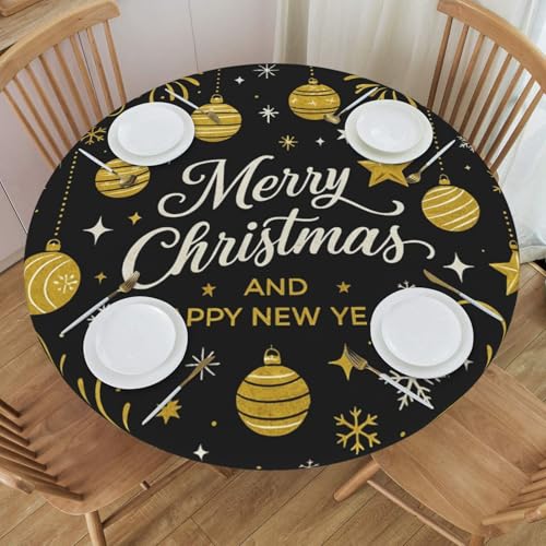 Famame Gold Christmas Ball Stars Round Fitted Tablecloth with Elastic Protector Table Kitchen Dinner Waterproof Oil-Proof Table Covers Fits 40"-44", Small - color: Gold Christmas Ball Stars, size: Small (40"-44")