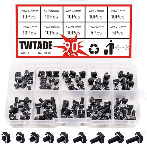 TWTADE 90PCS 2 Pin Tactile Switch Micro Momentary Tact Push Button Switch Assortment Kit 6 x 6 x 4.3/5/6/7/8/9/10/11/12mm(Each Values 10pcs) QC-9V-2P - color: Black-2 Pin 6x6mm Series
