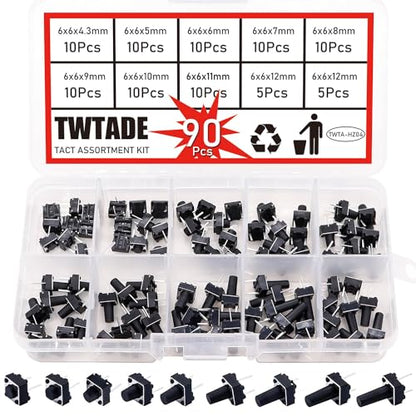TWTADE 90PCS 2 Pin Tactile Switch Micro Momentary Tact Push Button Switch Assortment Kit 6 x 6 x 4.3/5/6/7/8/9/10/11/12mm(Each Values 10pcs) QC-9V-2P - color: Black-2 Pin 6x6mm Series