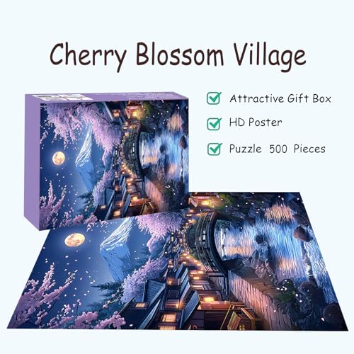 Puzzles for Adults 500 Pieces, Cherry Blossom Jigsaw Puzzles - Cherry Blossom Village, Impossible Unique Puzzle for Seniors Family, 20.47 x 14.96 inches, 1:1 Poster, Letter on The Back - style: Cherry