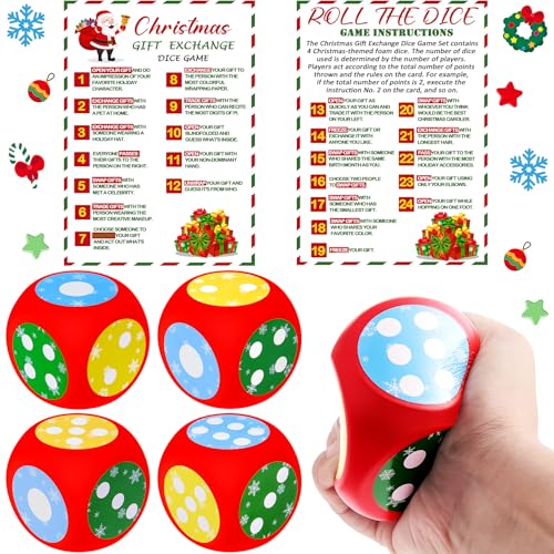 Fullhawl 4 Sets Christmas Exchange Game Dice, 2.6 Inch Santa Swap Gift Christmas Group Party Game for Family Board Xmas Large Foam Dice White Elephant Gift Exchange