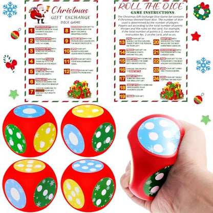 Fullhawl 4 Sets Christmas Exchange Game Dice, 2.6 Inch Santa Swap Gift Christmas Group Party Game for Family Board Xmas Large Foam Dice White Elephant Gift Exchange