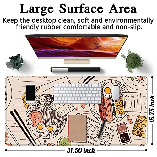 Japanese Ramen Sushi Food Desk Mat Beige XL Mouse Pad Large Full Desk Mousepad Gaming Extended Keyboard Mouse Mat Desk Pad for Computer Laptop 31.5''X15.7'' Non-Slip Rubber Base with Stitched Edges - color: A Beige Food