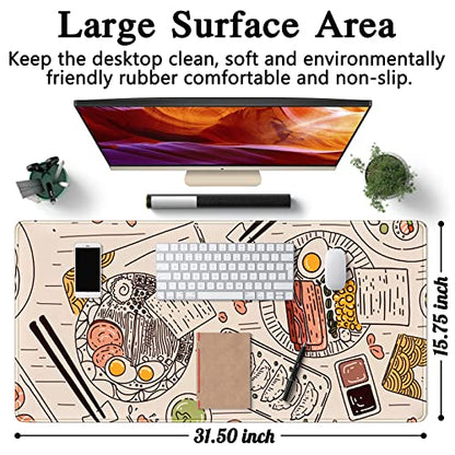 Japanese Ramen Sushi Food Desk Mat Beige XL Mouse Pad Large Full Desk Mousepad Gaming Extended Keyboard Mouse Mat Desk Pad for Computer Laptop 31.5''X15.7'' Non-Slip Rubber Base with Stitched Edges - color: A Beige Food