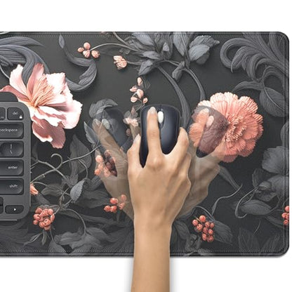 Black Floral Large Mouse Pad Desk Pad,27.5x11.8 in Extended Keyboard Mousepad with Stitched Edges, Waterproof Non-Slip Rubber Base for Office Computer Laptop Home - color: Black Flower