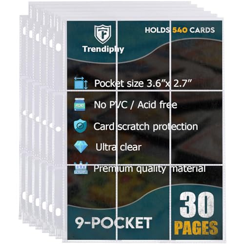 540 Pockets Trading Card Sleeves, Premium 9-Pocket 30 Pages, Double-Sided Baseball Binder Sleeves, Protectors Binder Sheets for Baseball Cards & More - Fits 3 Ring Binder (30 Sheets) - size: 30 Sheets
