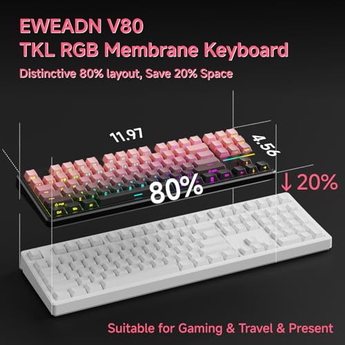 EWEADN V80 Wired TKL RGB Gaming Keyboard, 80% Compact Layout with PBT Keycaps, Whisper Quiet Membrane Switch, 26-Key Anti-Ghosting, Ergonomic Computer Keyboard for Laptop PC Gamer - BlackBerry Pink - color: BlackBerry Pink