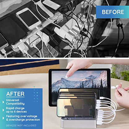 Charging Station for Multiple Devices, 6-Port USB Fast Charger with 6 Mixed Cables, Multi-Device Charging Dock for iPhone, iPad, Android Phones, Tablets, Kindle (Silver, Desktop & Wall Mount)