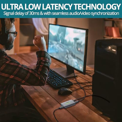 4K HDMI Capture Card, USB 3.0 Game Video Recorder with RGB Indicator | Capture up to 4K30, 1440p60 or 1080p120 with 4K60 loop-out, low latency, mic/line input and plug-and-play setup.