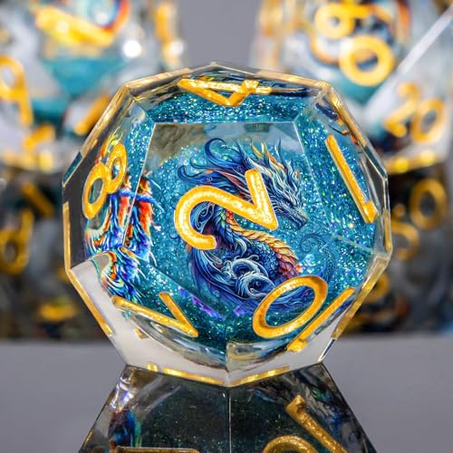 Roycevon Dragon Pattern Liquid Core DND Dice Set, 7Pcs Sharp Edge Dice with Gift Box, Resin Blue Dungeons Dragons D and D Role Playing Dice D20 D12 D10 D8 D6 D4 - color: Blue Gold