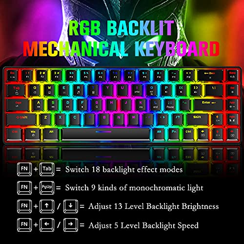 60% Mini 68 Key RGB Backlit Wired USB C Gaming Mechanical Blue Switch Keyboard + Rainbow Backlight 6400 DPI Mouse + Mouse Bungee Cable Cord Management Fixer Holder + Mouse Pad For ESports,Game,office