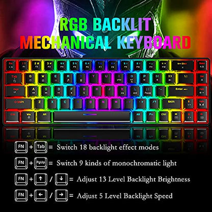 60% Mini 68 Key RGB Backlit Wired USB C Gaming Mechanical Blue Switch Keyboard + Rainbow Backlight 6400 DPI Mouse + Mouse Bungee Cable Cord Management Fixer Holder + Mouse Pad For ESports,Game,office