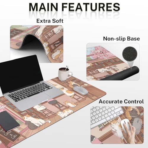 Arttown Keyboard Mouse Pad Set, 4 in 1 Desk Mat Set Cat Flower Pink | Cute Coffee Large Mousepad+Keyboard Wrist Rest+Mouse Wrist Rest+Coaster Ergonomic Design for Home Office Computer - color: Cat Flower