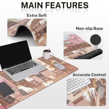 Arttown Keyboard Mouse Pad Set, 4 in 1 Desk Mat Set Cat Flower Pink | Cute Coffee Large Mousepad+Keyboard Wrist Rest+Mouse Wrist Rest+Coaster Ergonomic Design for Home Office Computer - color: Cat Flower