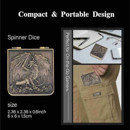 Foldable Spinner Metal DND Dice Set – Compact Elegant Design with D4, D6, D8, D10, D12, D20, D% for TTRPG Gifts - color: Ancient Bronze