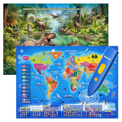 Bilingual Interactive Kids Talking World Map & Dinosaur Poster for Kids Learning and Educational Toys, Talking Educational Toys for 3 to 12 Years Old Girls/Boys, Preschool Learning Chart - style: World Map & Dinosaur Poster