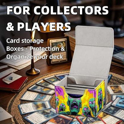 Trading Card Storage Box, Holds 100+ for MTG Cards, PU Leather with Magnetic Closure, Green Zombies in Psychedelic Flames Durable Deck Box for Magic the Gathering, Trading Card Games - color: Green Zombies in Psychedelic Flames