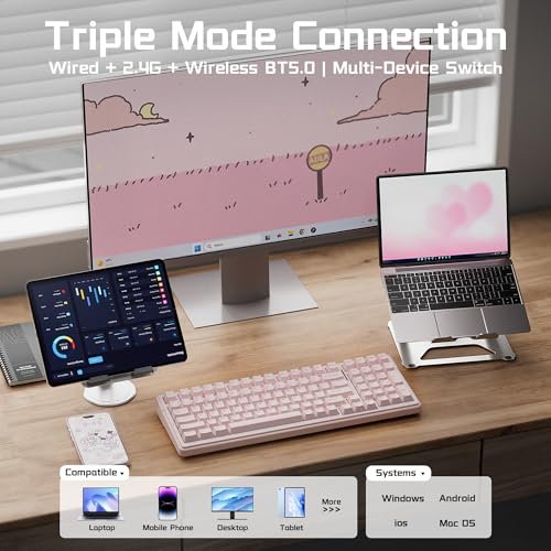 Aula F99 Wireless Silent Mechanical Keyboard, Tri-Mode 2.4GHz/BT5.0/USB-C, Hot Swappable Custom Keyboard, Pre-lubed Linear Switches, Gasket Structure RGB Backlit, Pink Gaming Keyboards for PC/Laptop - color: Pink