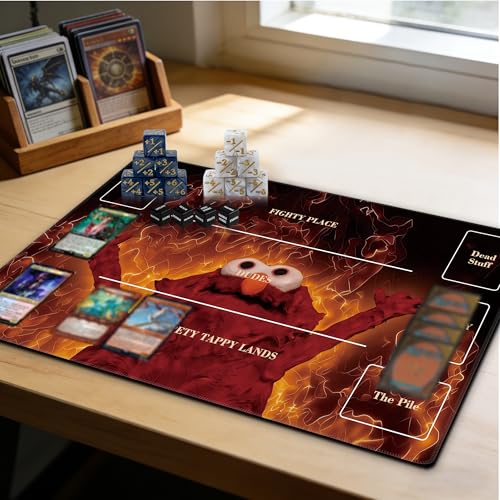 MTG Playmat with Storage Tube & 7-Dice Set - Waterproof TCG Playmat with Stitched Edges, Non-Slip Rubber Card Game Mat (24"x14") (playmat with Zones, Inferno Meme Puppet) - color: Inferno Meme Puppet, style: playmat with zones