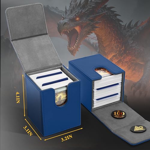 UAONO Card Deck Box for Yugioh MTG, 100+ Deck Case with 2 Dividers Fits TCG CCG PTCG, PU Leather Strong Magnet Card Storage Box Compatible with Magic Commander Trading Cards (Navy, Sky Dragon) - color: A1-Blue