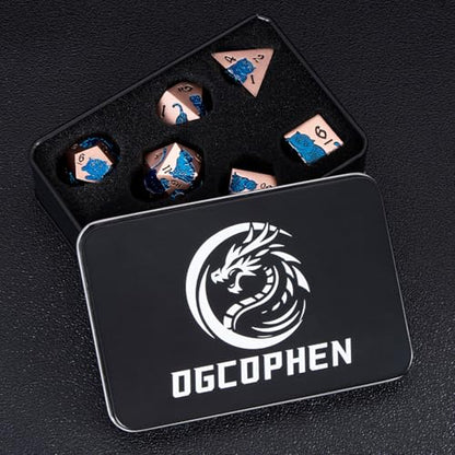 Metal DND Cat Dice 7PCS Polyhedral RPG Dice Set with Gift Case for Dungeons Dragons Role Playing Game, D and D Dice D6 D8 D10 D12 D20 D% (Copper Blue) - color: Cat-copper Blue