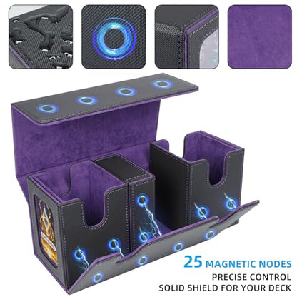 AFIING MTG Commander Deck Box 200 Double Sleeved Cards Storage, 3-in-1 Magnetic Card Case Organizer for Magic: The Gathering TCG CCG, 4 Dividers & 2 Toploaders Black/Purple - color: Black purple