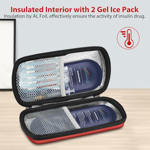 MEDMAX Hard Shell Insulin Cooler Travel Case with 2 Ice Pack, Shock Absorption Insulated Diabetic Medication Organizer Carrying Bag with Extra Pouch for Insulin Pen and Other Diabetic Supplies, Red - color: Red