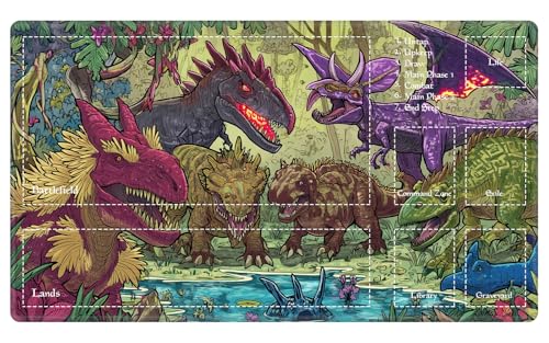 Epic Dinosaur Tribal MTG Playmat with Card Zones - Prehistoric Beast TCG Game Mat for Magic The Gathering - EDGFRTOIO Tabletop Battle Pad with Stitched Edges, 24" x 14" - color: Fantasy Dinosaur Swamp, size: 24"X14" With Zones