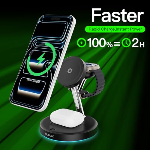 【Adjustable Blue Ambient Light】 Wireless Charger 3 in 1 for iPhone, Magnetic Charging Station for Apple Family,15W Fast MagSafe Charger Stand,for iPhone17-12-iWatch AirPods Series - color: Black