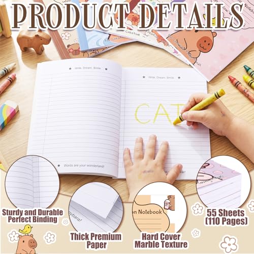 Glenmal 6 Pcs Composition Notebook Wide Ruled Cute Capy Assorted Composition Notebook 110 Page 7-1/2" x 9-1/4" Journal Gift for Back to School First Day of School Students Teacher Capy Lovers - style: Capybara
