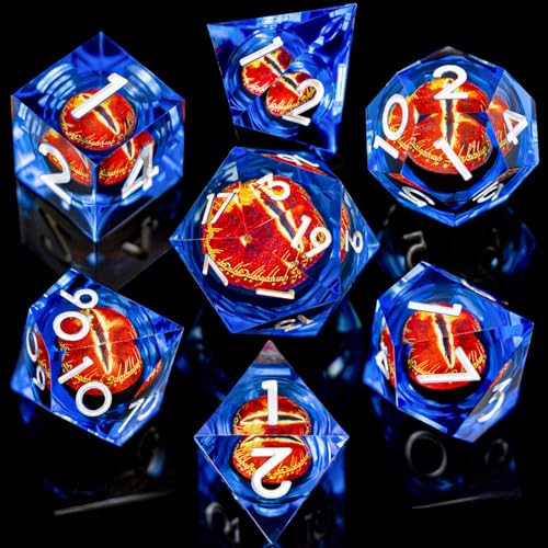 ARUOHHA DND Resin Dice Gazes Eye Dice Silver Blue Liquid Core Flaming RPG Sharp Edged Dice Set with Gift Box, Polyhedral D and D Dice Set Compatible with Dungeons Dragons Role Playing Game D20 D6 - color: Sl01-blue Silver