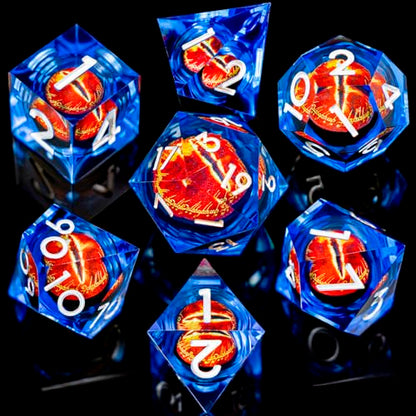 ARUOHHA DND Resin Dice Gazes Eye Dice Silver Blue Liquid Core Flaming RPG Sharp Edged Dice Set with Gift Box, Polyhedral D and D Dice Set Compatible with Dungeons Dragons Role Playing Game D20 D6 - color: Sl01-blue Silver