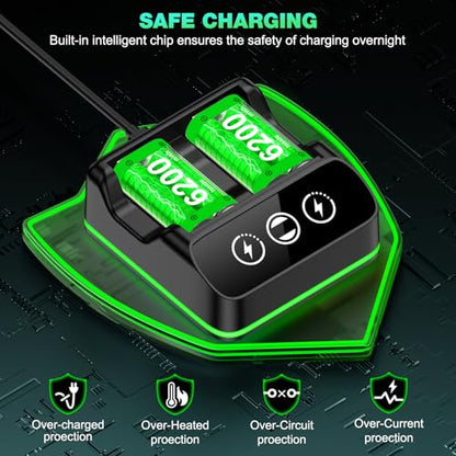 DINOSTRIKE 2X 6200mWh Controller Battery Pack Rechargeable Compatible with Xbox One【RGB Charging Station】【Extended USB C Cable】 Rechargeable Battery for Xbox Series S/X - size: S-2Pack