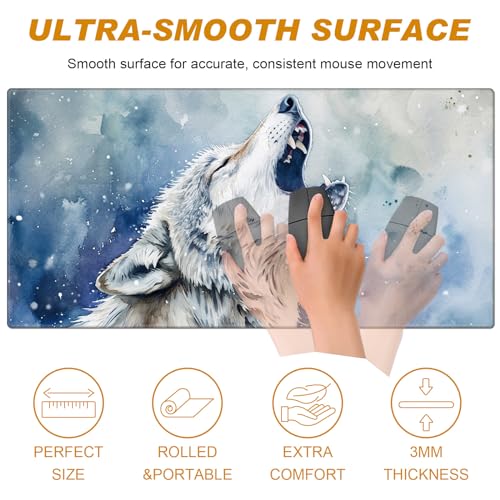 Desk Pad, Large Game Mouse Pad + Small Mouse Pad + Wrist Rest,Ergonomic Mouse Pad,Table Mat with Stitched Edge,Anti-Slip,Memory Foam Desk Mat for Home Office Gaming(23.6×11.8in),Grey Wolf - color: Grey Wolf