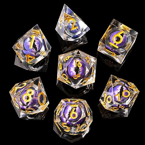 Beholder'S Eye DND Dice- Dragon Eye Liquid Core Sharp Edge Handmade Dice Set for Dungeons and Dragons Ttrpg, Multi-Sided RPG Polyhedral Resin Roleplaying（Clear Purple Dragon Eyes） - color: Dragon Eye-clear Purple
