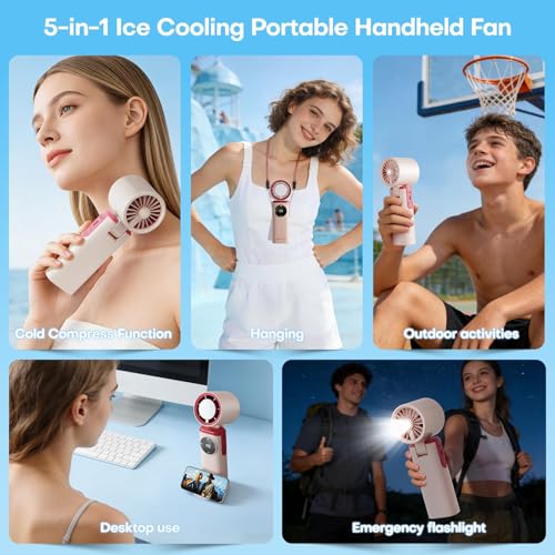 6000mAh Portable Handheld Fan with Ice Cooling, 199 Levels Stepless Speed, 20H Long Battery Life, 20000RPM Turbo Fan Rechargeable Personal Mini Fan for Travel, Outdoor, Makeup (Pink) - color: Pink