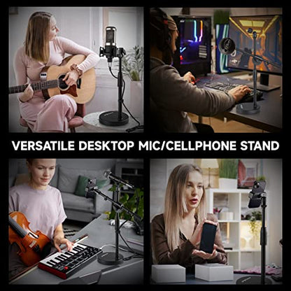 Microphone Stand Desk Adjustable Desktop Microphone Stand with Boom Arm Upgraded 3 in 1 Table Phone/Mic Stand with Microphone Clip,Cell Phone Clip,3/8" to 5/8" Adapter for Universail Mic