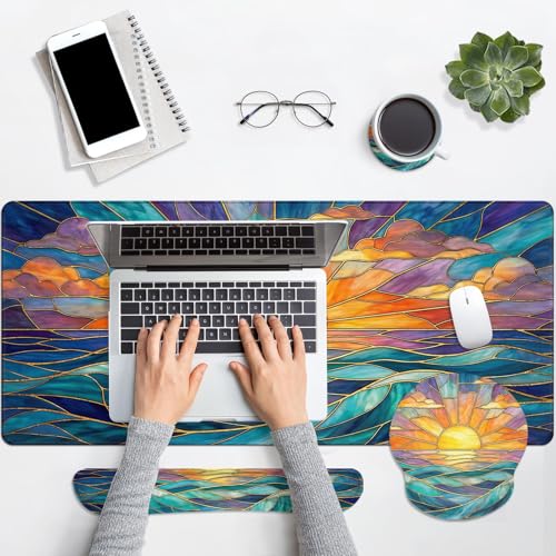 Britimes Gold Sun Ocean Keyboard Mouse Pad Set Boho Colorful 4in1 Large Mousepad+Keyboard Wrist Rest+Mouse Wrist Rest+Coaster Ergonomic Design for Home Office Computer 35.4x15.7 inches - color: Gold Sunset Ocean
