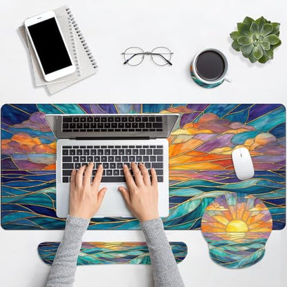 Britimes Gold Sun Ocean Keyboard Mouse Pad Set Boho Colorful 4in1 Large Mousepad+Keyboard Wrist Rest+Mouse Wrist Rest+Coaster Ergonomic Design for Home Office Computer 35.4x15.7 inches - color: Gold Sunset Ocean